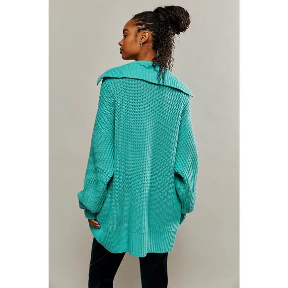 FREE PEOPLE Swim Too Deep Oversized Cardigan Womens S Turquoise Collared Button - Picture 2 of 16